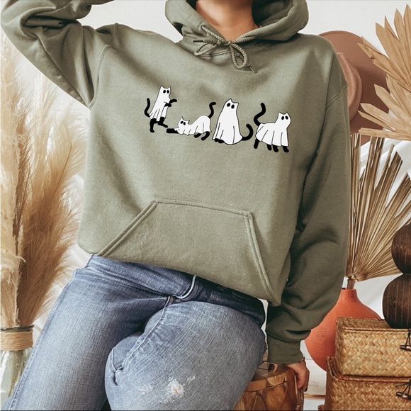 ✨HP✨ NEW NWOT Halloween Ghost Cat Hoodie Pullover Sweatshirt XL Green - Picture 4 of 9